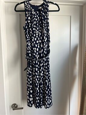 Navy Blue and White Polka Dot Dress with Belt
